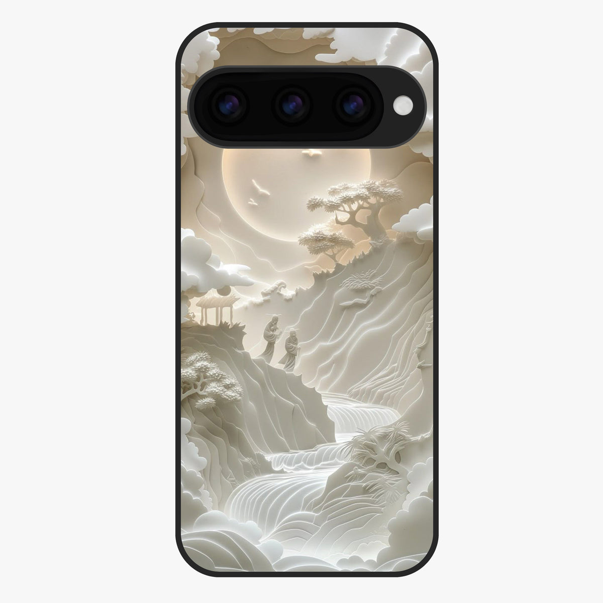 Celestial Origami Glass Case showing flat back view with artistic origami inspired celestial artwork and glossy glass finish.