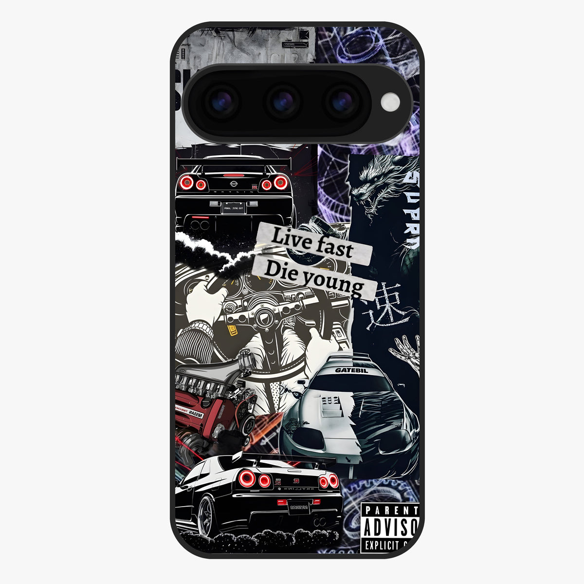 Die Young Glass Case showing flat back view with bold artistic typography design and glossy glass finish.