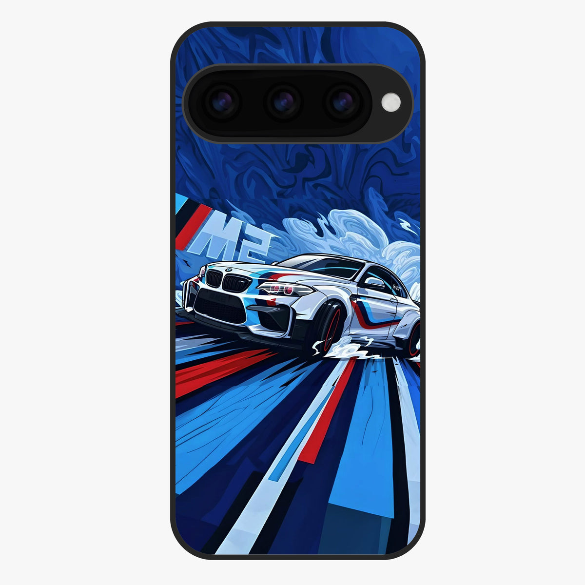 Drift Power Rush Glass Case showing flat back view with dynamic racing inspired artwork and glossy glass finish.