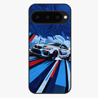 Drift Power Rush Glass Case showing flat back view with dynamic racing inspired artwork and glossy glass finish.