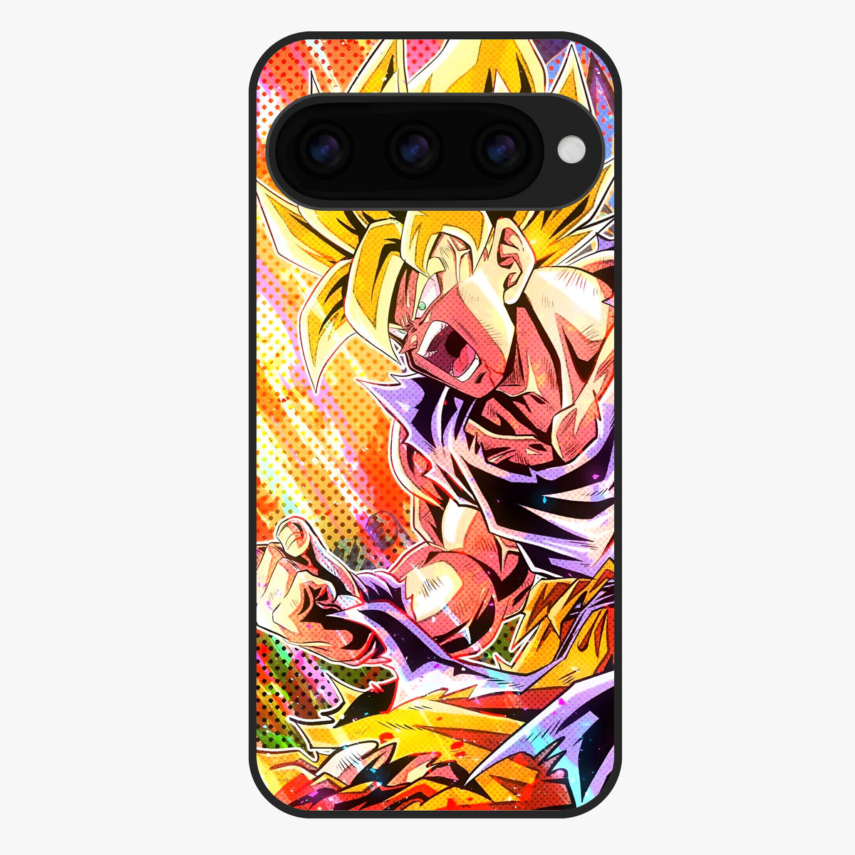 Firing Goku Glass Case showing flat back view with powerful anime inspired artwork and glossy glass finish.