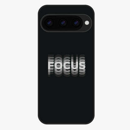 Focus Mode On Glass Case showing flat back view with bold motivational typography design and glossy glass finish.