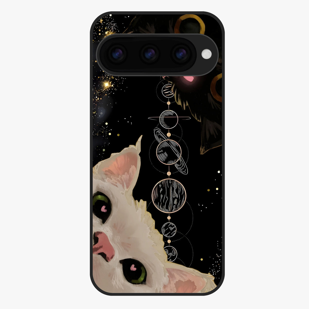 Galactic Cat Glass Case showing flat back view with cosmic cat artwork and glossy glass finish.