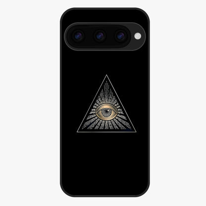Illuminati Evil Glass Case showing flat back view with mysterious illuminati symbol artwork and glossy glass finish.