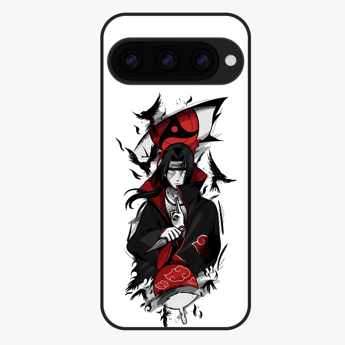 Itachi Sharingan Glass Case showing flat back view with powerful anime eye artwork and glossy glass finish.