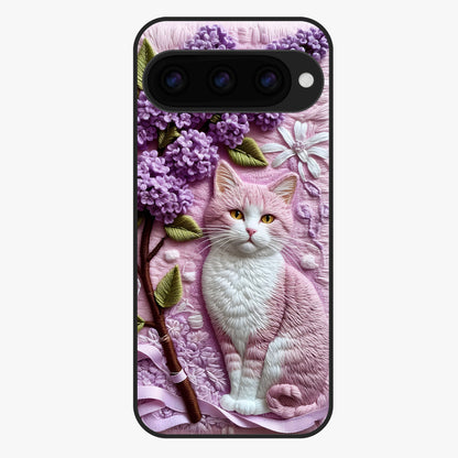 Lavender Cat Whimsy Glass Case showing flat back view with cute lavender cat artwork and glossy glass finish.