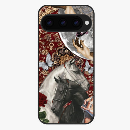 Moonlit Royal Stallion Glass Case showing flat back view with majestic horse under moonlight artwork and glossy glass finish.