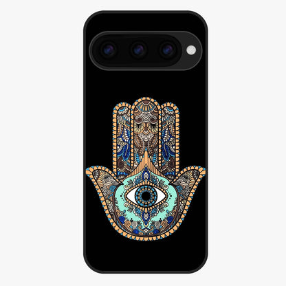 Mystic Hamsa Eye Glass Case showing flat back view with protective hamsa hand and evil eye artwork and glossy glass finish.