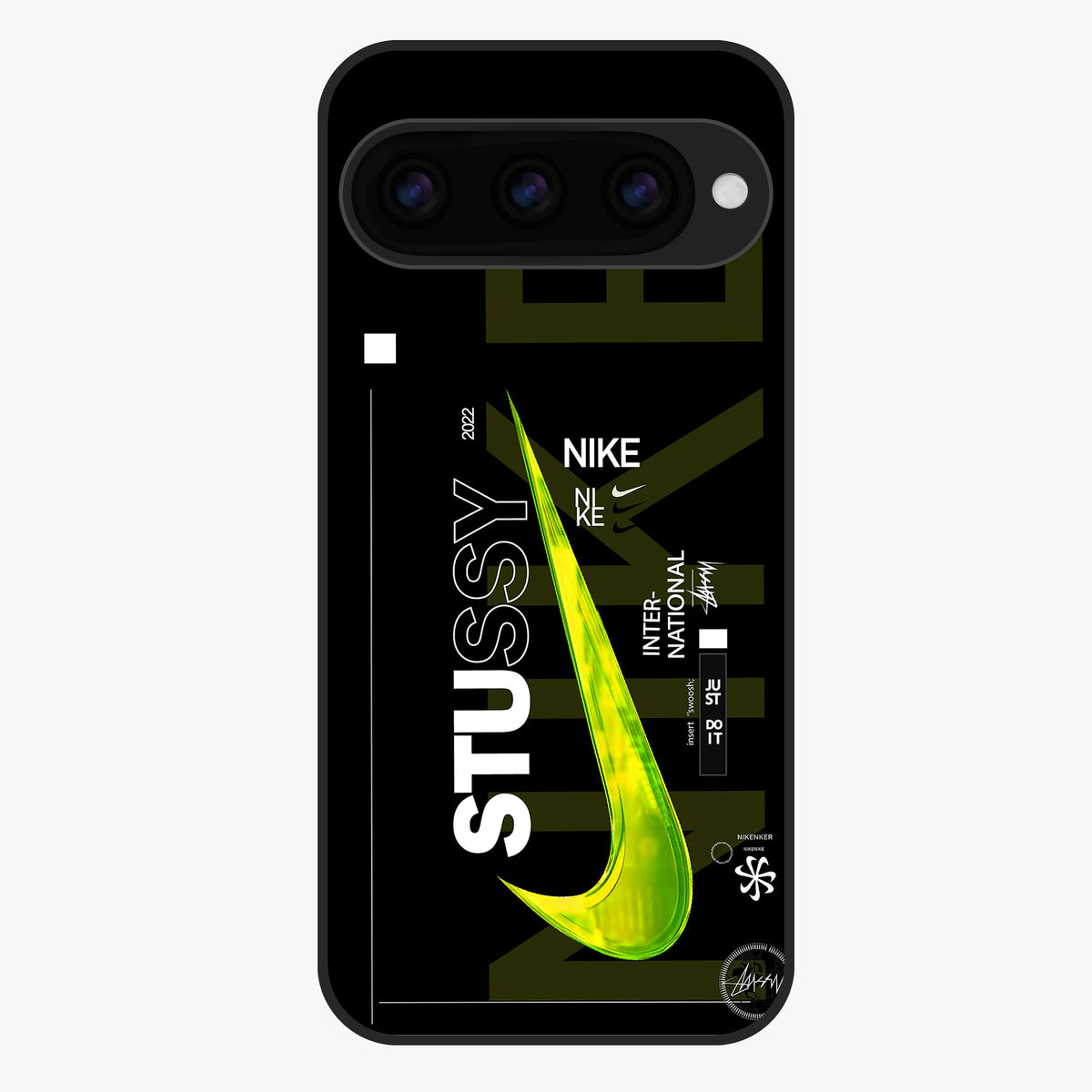Neon Street Edition Glass Case showing flat back view with neon street style artwork and glossy glass finish.