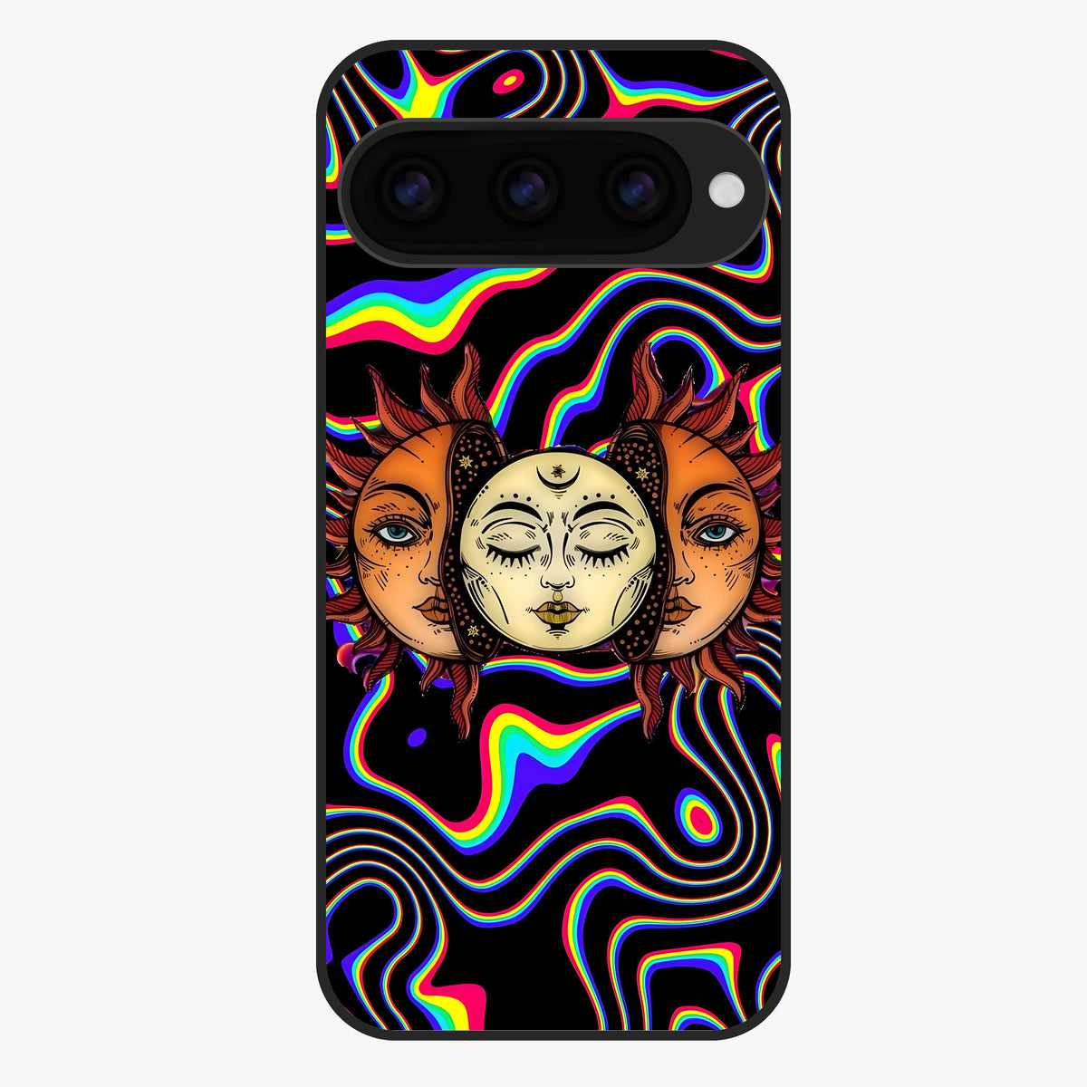 Psychedelic Sun Glass Case showing flat back view with colorful psychedelic sun artwork and glossy glass finish.