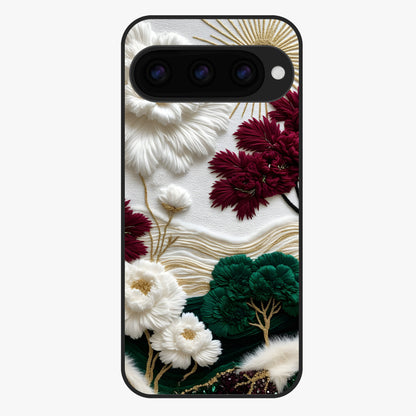 Radiant Bloom Elegance Glass Case showing flat back view with elegant blooming flower artwork and glossy glass finish.