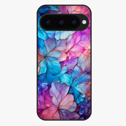Radiant Floral Whirl Glass Case showing flat back view with swirling floral artwork and glossy glass finish.