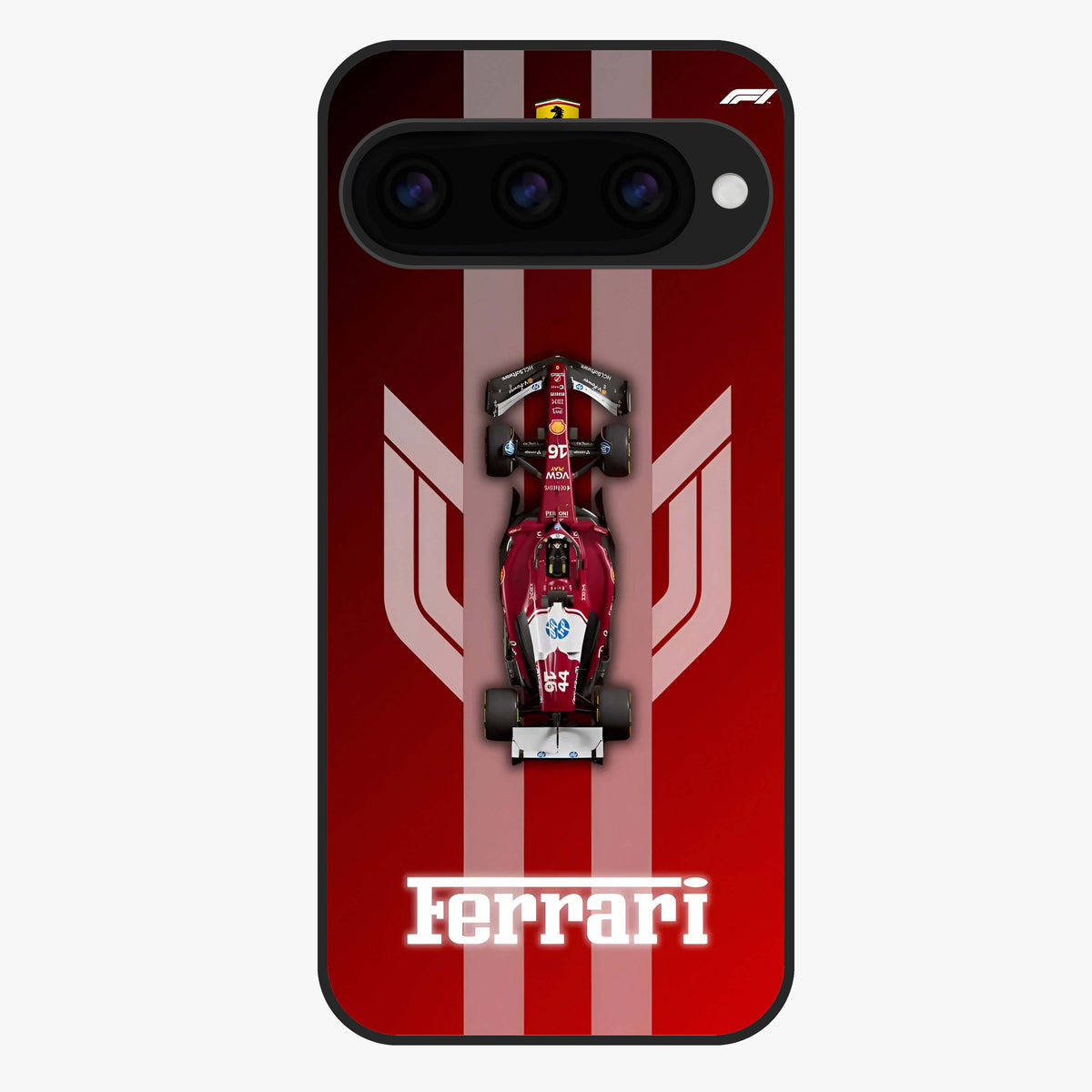 Red Ferrari F1 Vertical Glass Case showing flat back view with sleek Formula racing car artwork and glossy glass finish.