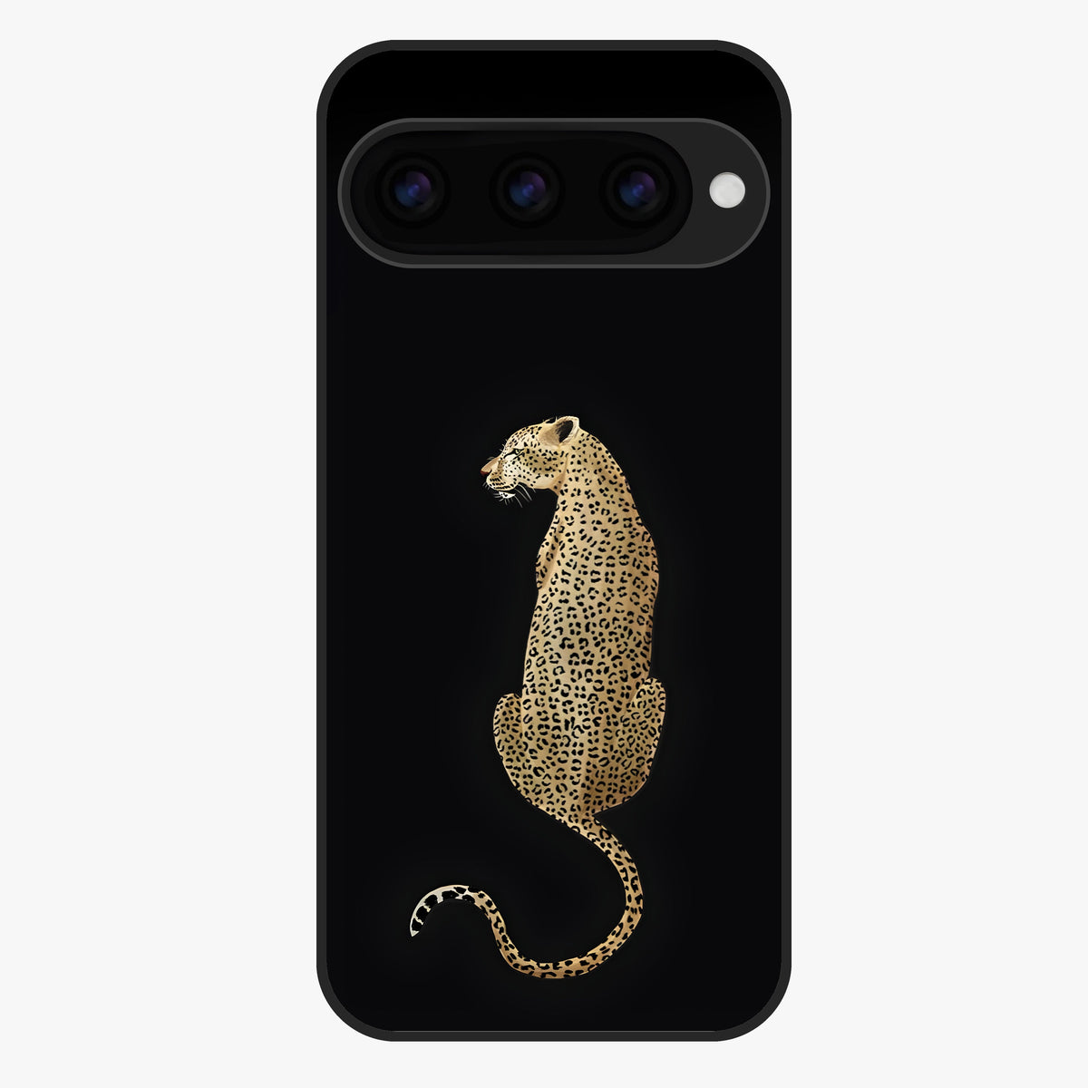 Regal Leopard Glass Case showing flat back view with bold leopard artwork and glossy glass finish.