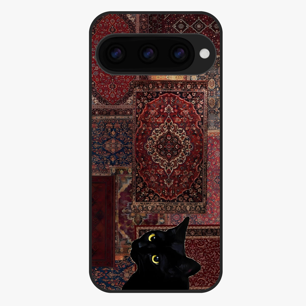 Regal Magic Cat Apple Glass Case showing flat back view with magical cat artwork holding apple and glossy glass finish.