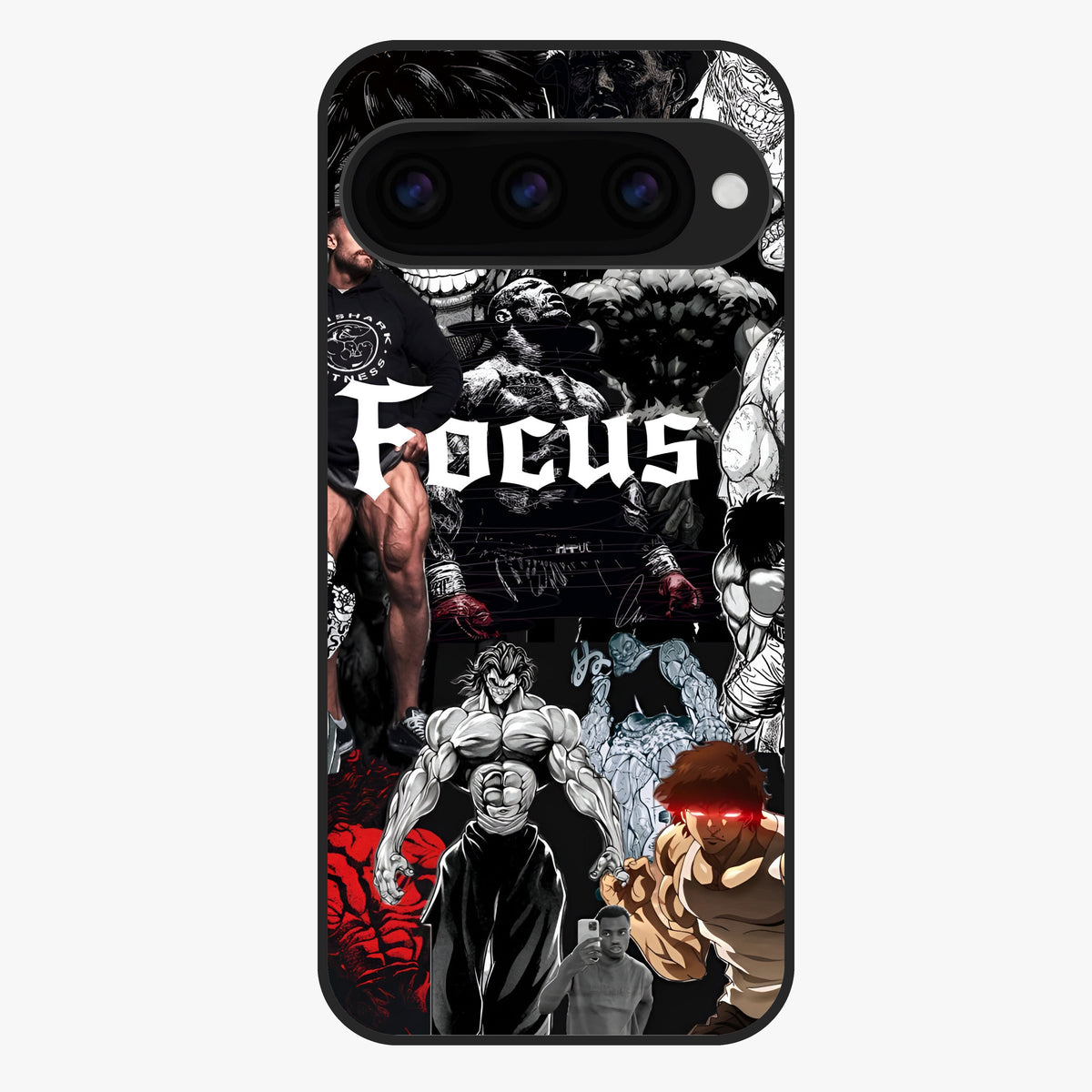 Relentless Power Focus Glass Case showing flat back view with motivational typography artwork and glossy glass finish.