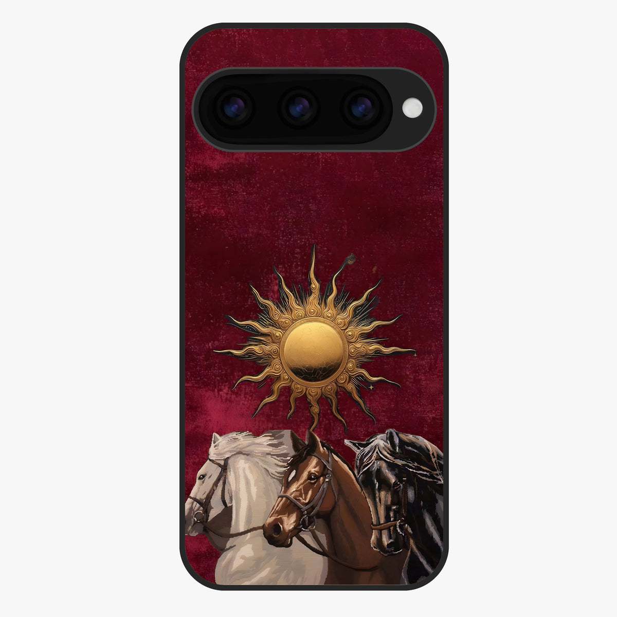 Solar Riders Glass Case showing flat back view with dynamic rider themed artwork and glossy glass finish.