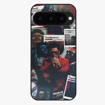 The Weeknd Glass Case showing flat back view with music inspired artistic portrait artwork and glossy glass finish.