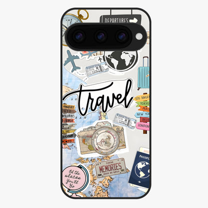 Wanderlust Journal Glass Case showing flat back view with travel inspired artwork and glossy glass finish.