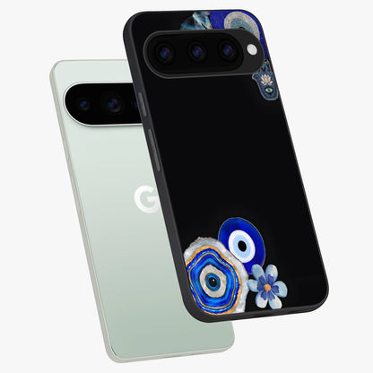 Aesthetic Blue Evil Eye Glass Case displayed in angled mockup highlighting blue evil eye symbol and spiritual aesthetic design.