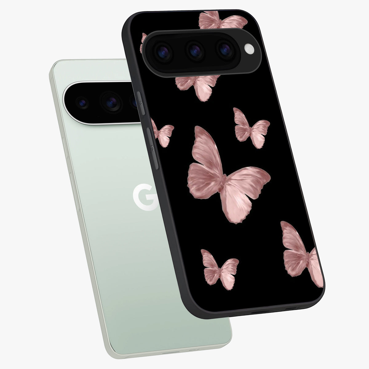 Butterfly Pattern Glass Case displayed in angled mockup highlighting delicate butterfly design and aesthetic pattern style.