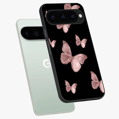 Butterfly Pattern Glass Case displayed in angled mockup highlighting delicate butterfly design and aesthetic pattern style.