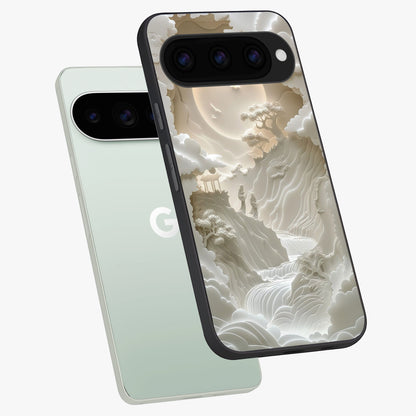 Celestial Origami Glass Case displayed in angled mockup highlighting geometric origami design with cosmic aesthetic theme.