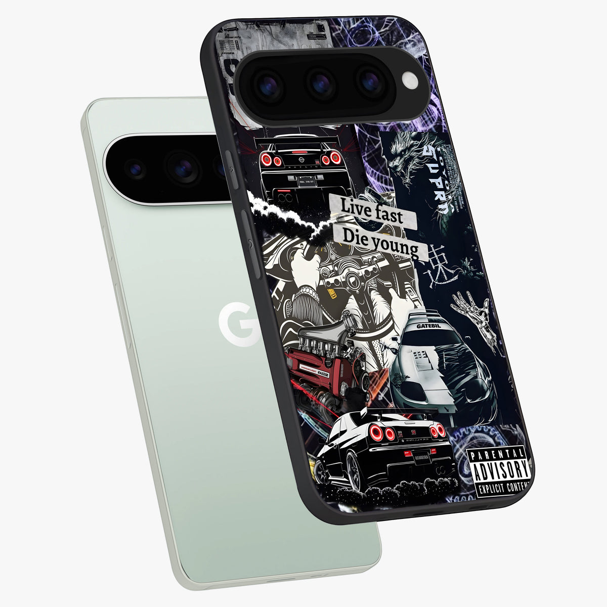 Die Young Glass Case displayed in angled mockup highlighting expressive graphic artwork with edgy aesthetic style.