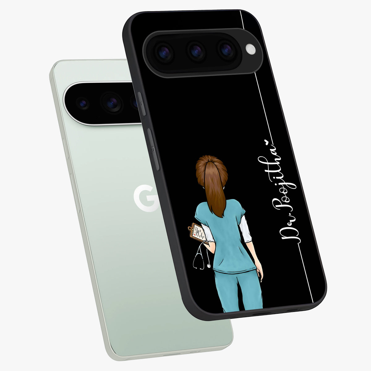 Doctor Pattern Custom Name Glass Case displayed in angled mockup highlighting doctor inspired artwork with custom name feature.