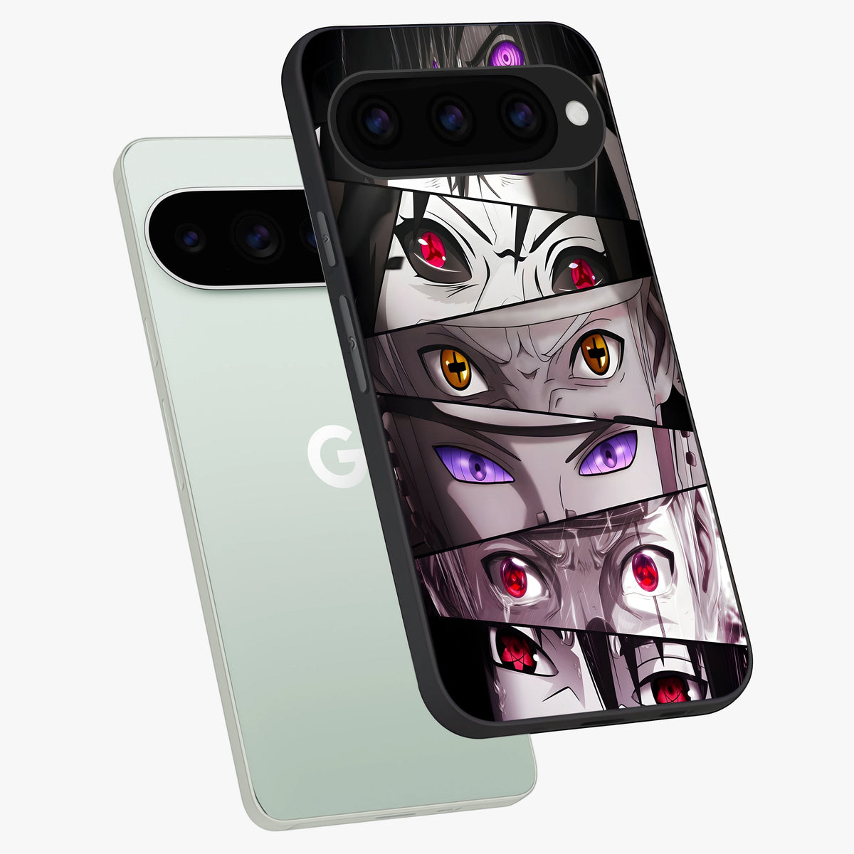 Eyes of Destiny Glass Case displayed in angled mockup highlighting bold eye illustration with mystical aesthetic style.
