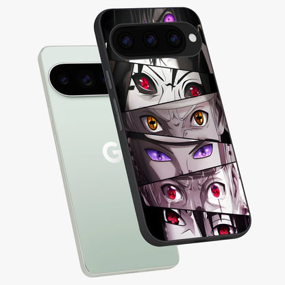 Eyes of Destiny Glass Case displayed in angled mockup highlighting bold eye illustration with mystical aesthetic style.