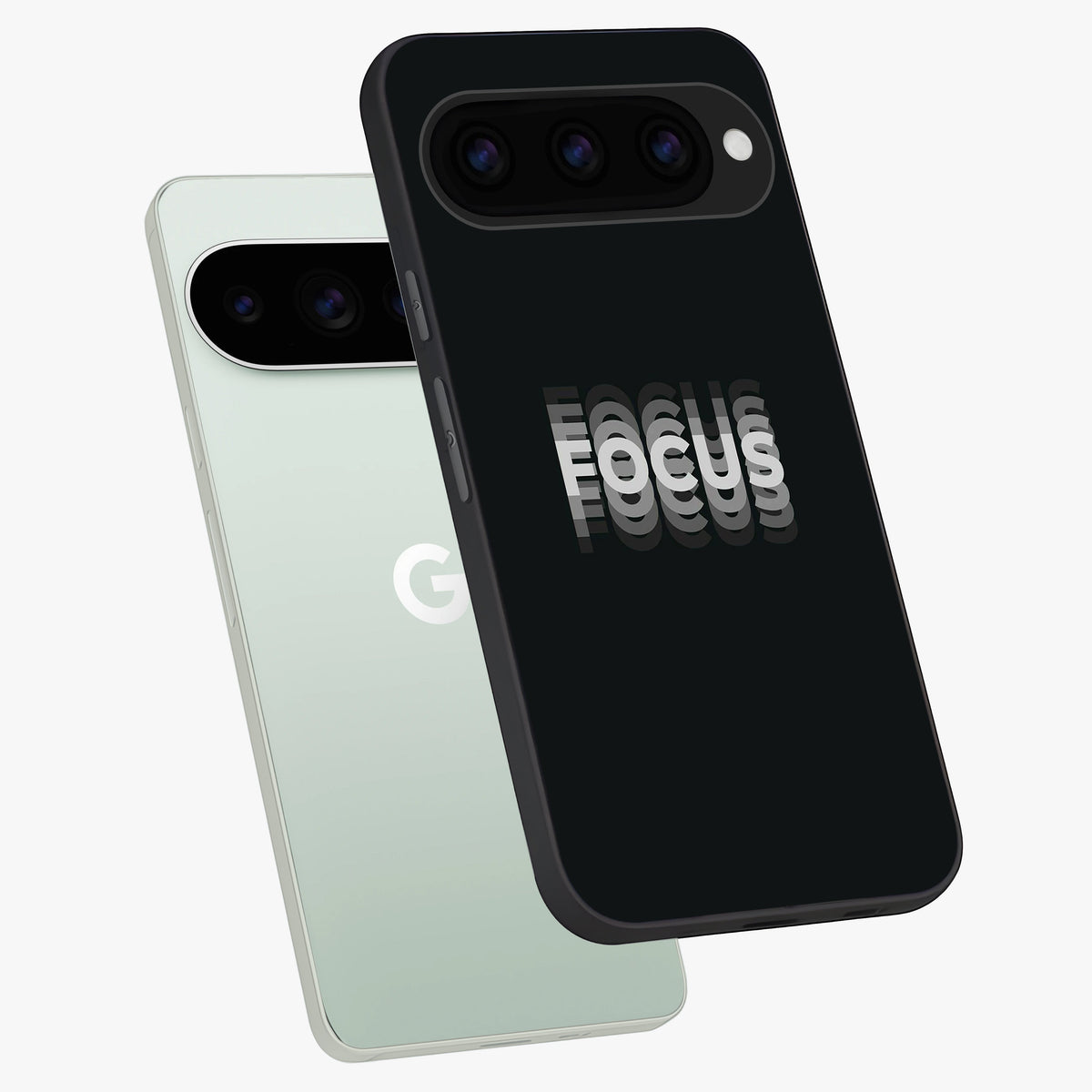 Focus Mode On Glass Case displayed in angled mockup highlighting clean minimal text artwork with modern aesthetic style.