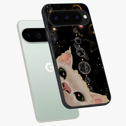 Galactic Cat Glass Case displayed in angled mockup highlighting celestial feline illustration with galaxy aesthetic style.