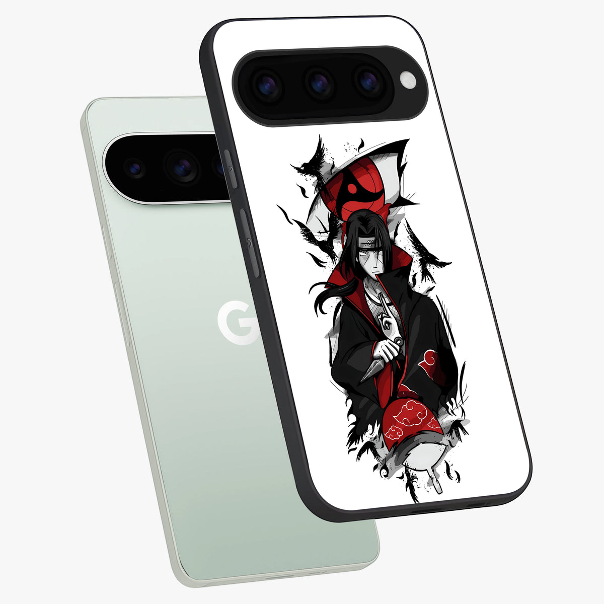Itachi Limited Edition Naruto Anime Glass Case displayed in angled mockup highlighting dramatic anime illustration with bold action aesthetic.