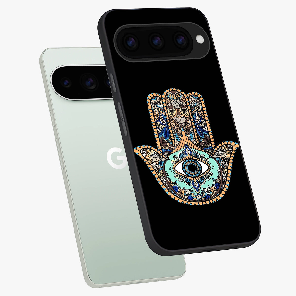 Mystic Hamsa Eye Glass Case displayed in angled mockup highlighting spiritual hamsa symbol with mystical aesthetic style.