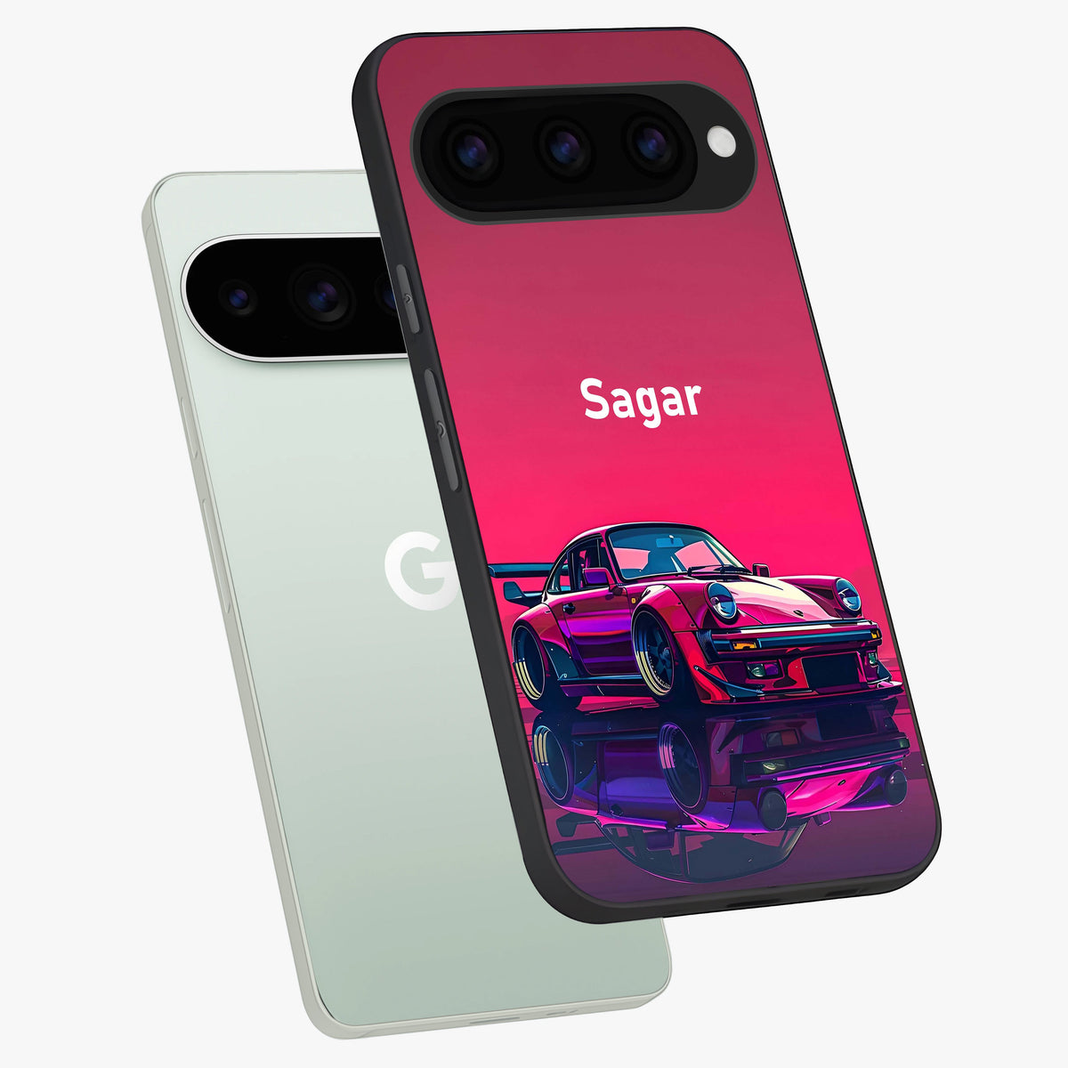 Neon Pink Porsche Glass Case displayed in angled mockup highlighting sleek neon pink car design with racing aesthetic.