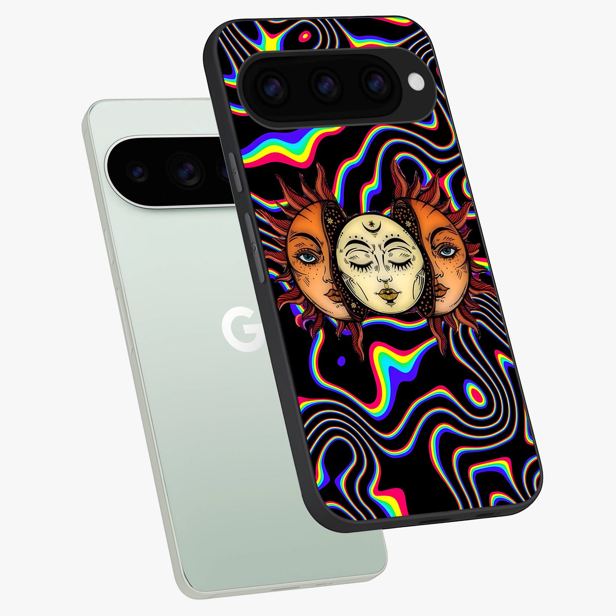 Psychedelic Sun Glass Case displayed in angled mockup highlighting vibrant abstract sun design with artistic aesthetic style.