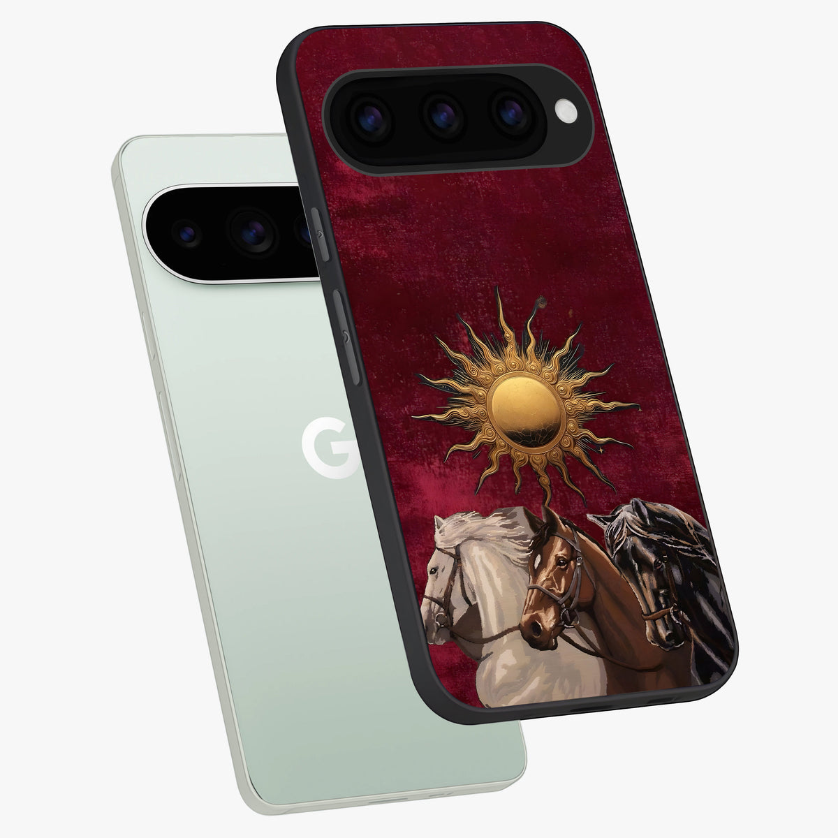 Solar Riders Glass Case displayed in angled mockup highlighting powerful rider illustration with radiant solar aesthetic.