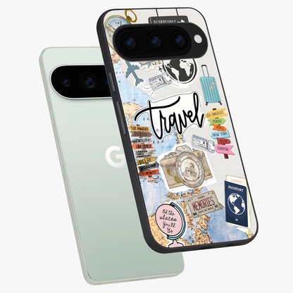 Wanderlust Journal Glass Case displayed in angled mockup highlighting adventure themed design with aesthetic travel vibe.