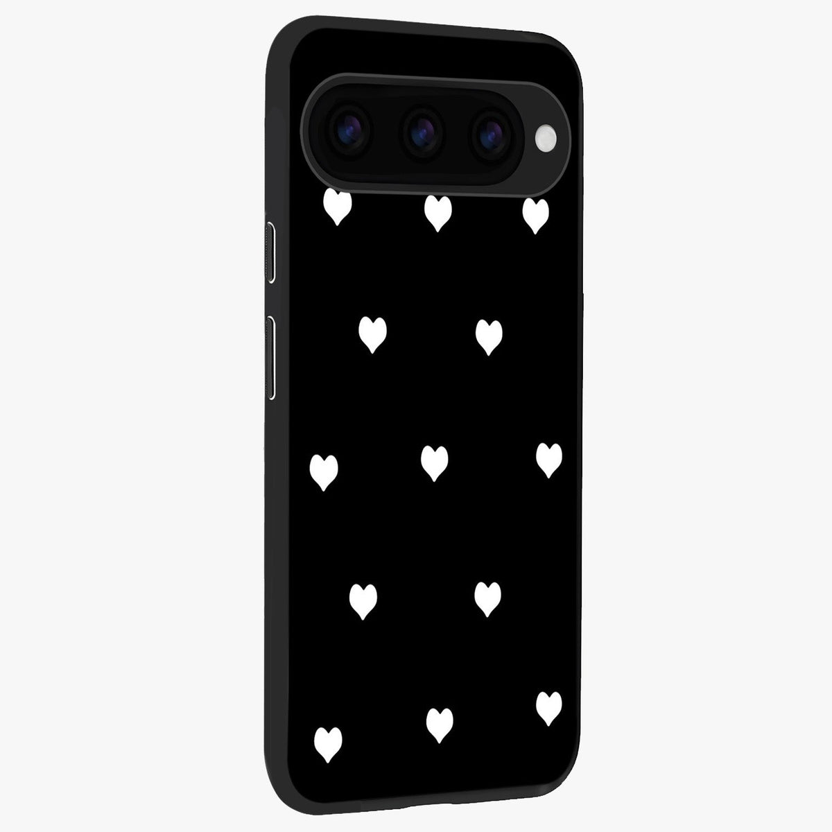 Cute And Simple White Hearts Glass Case upright view showcasing simple white hearts artwork with soft minimal theme.