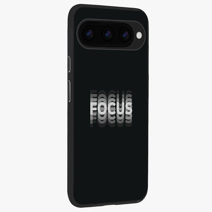 Focus Mode On Glass Case upright view showcasing strong typography statement with sleek motivational theme.