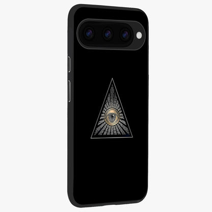 Illuminati Evil Glass Case upright view showcasing striking illuminati artwork with mysterious symbolic theme.