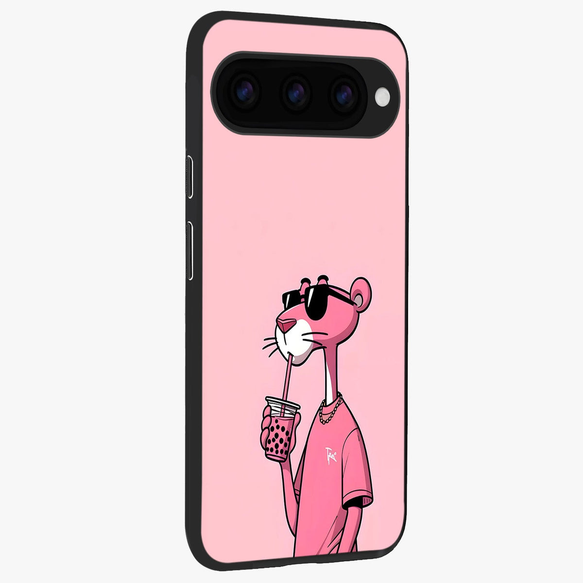 Pink Panther Glass Case upright view showcasing fun animated artwork with stylish retro cartoon theme.