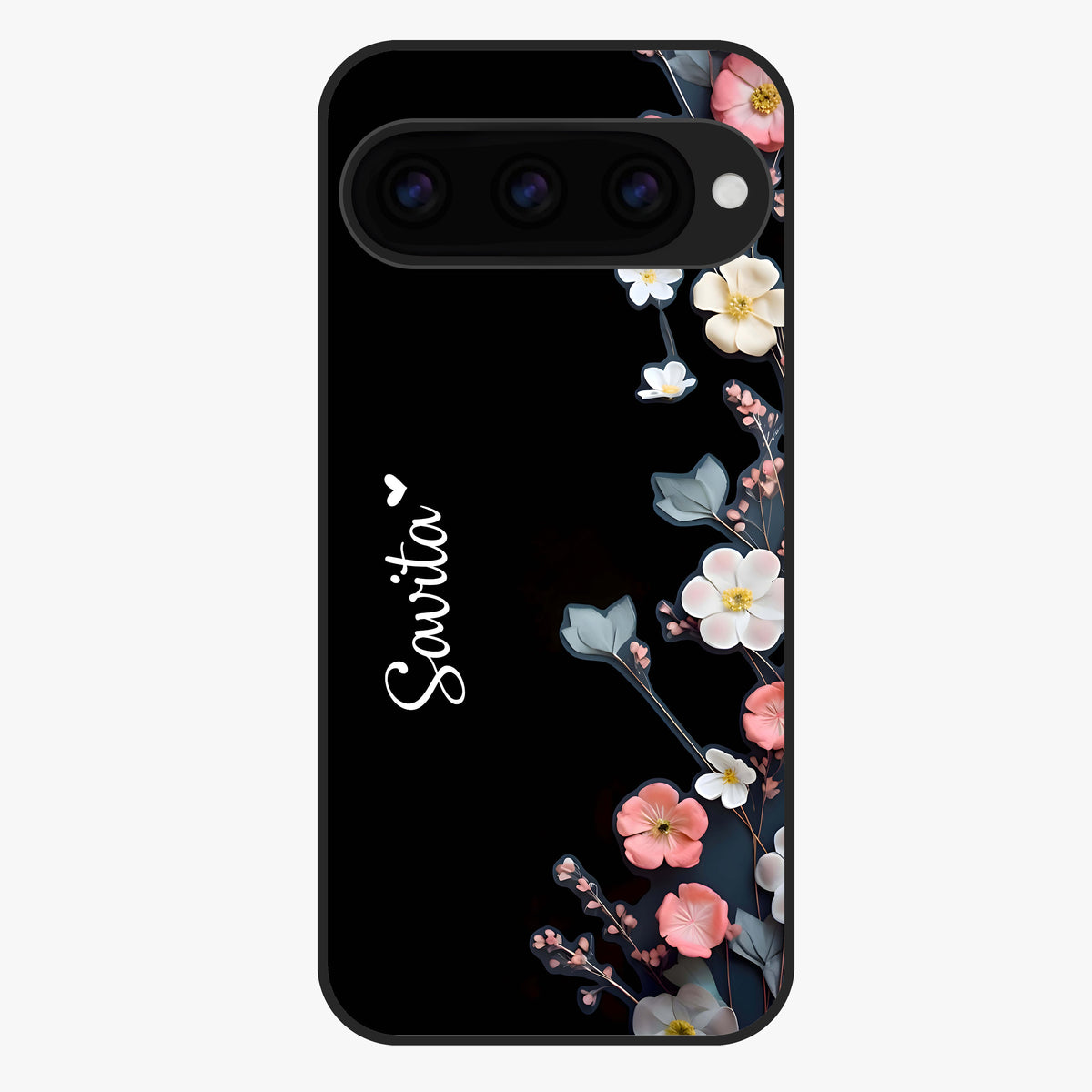 Black Elegance Floral Custom Name Glass Case showing flat back view with elegant floral artwork and personalized name design.