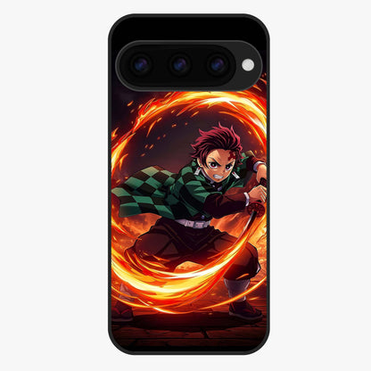 Blazing Sword Resolve Glass Case showing flat back view with fiery sword artwork and glossy glass finish.