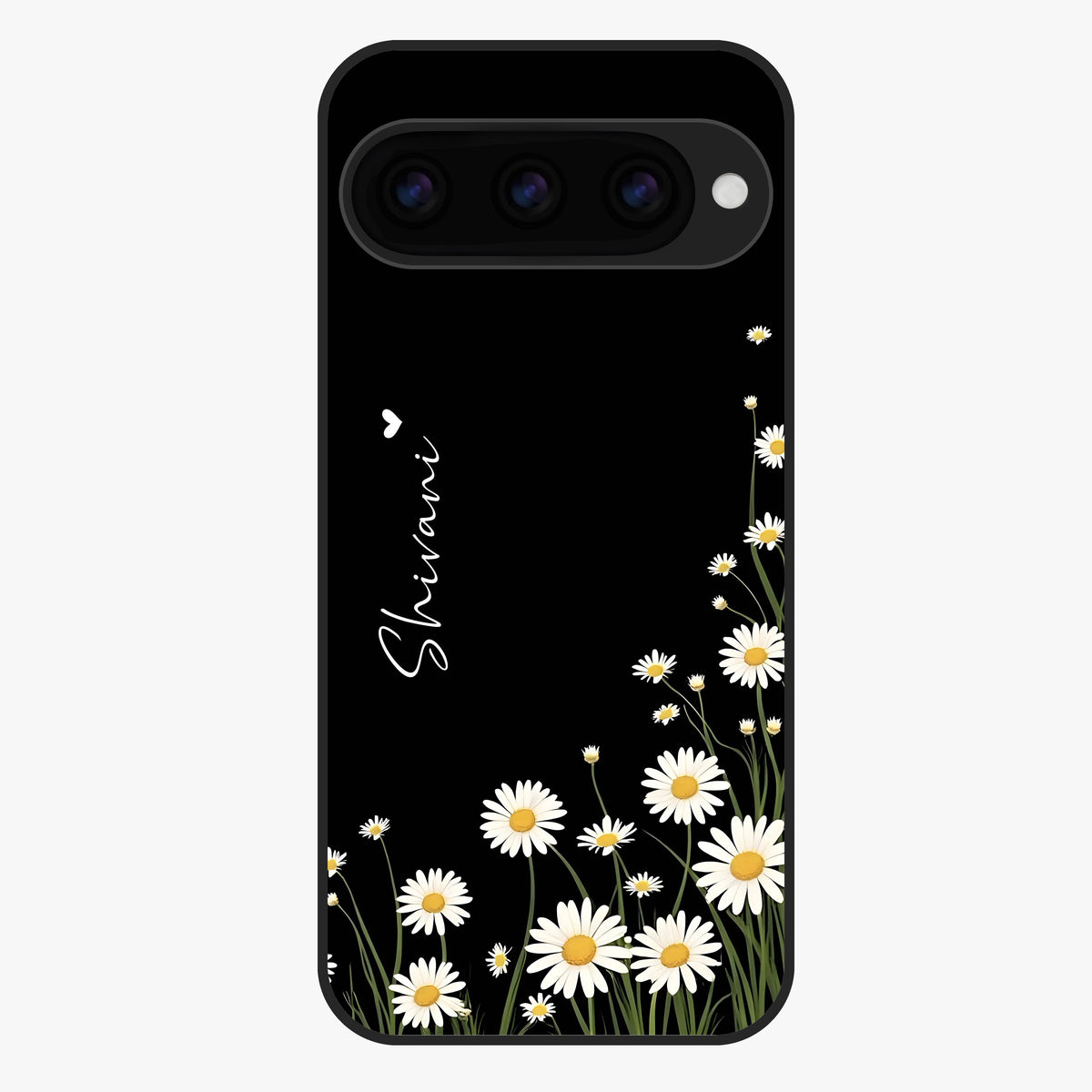 Daisy Cascade Custom Name Glass Case showing flat back view with cascading daisy flowers and personalized name design.