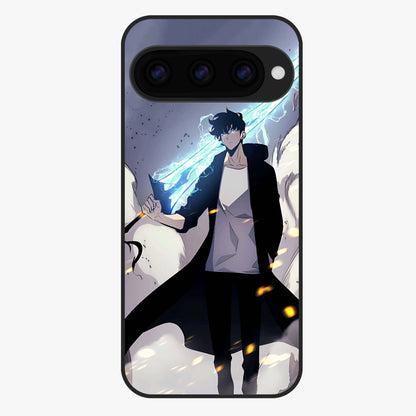 Dark Lightning Anime Warrior Glass Case showing flat back view with intense anime warrior artwork and glossy glass finish.