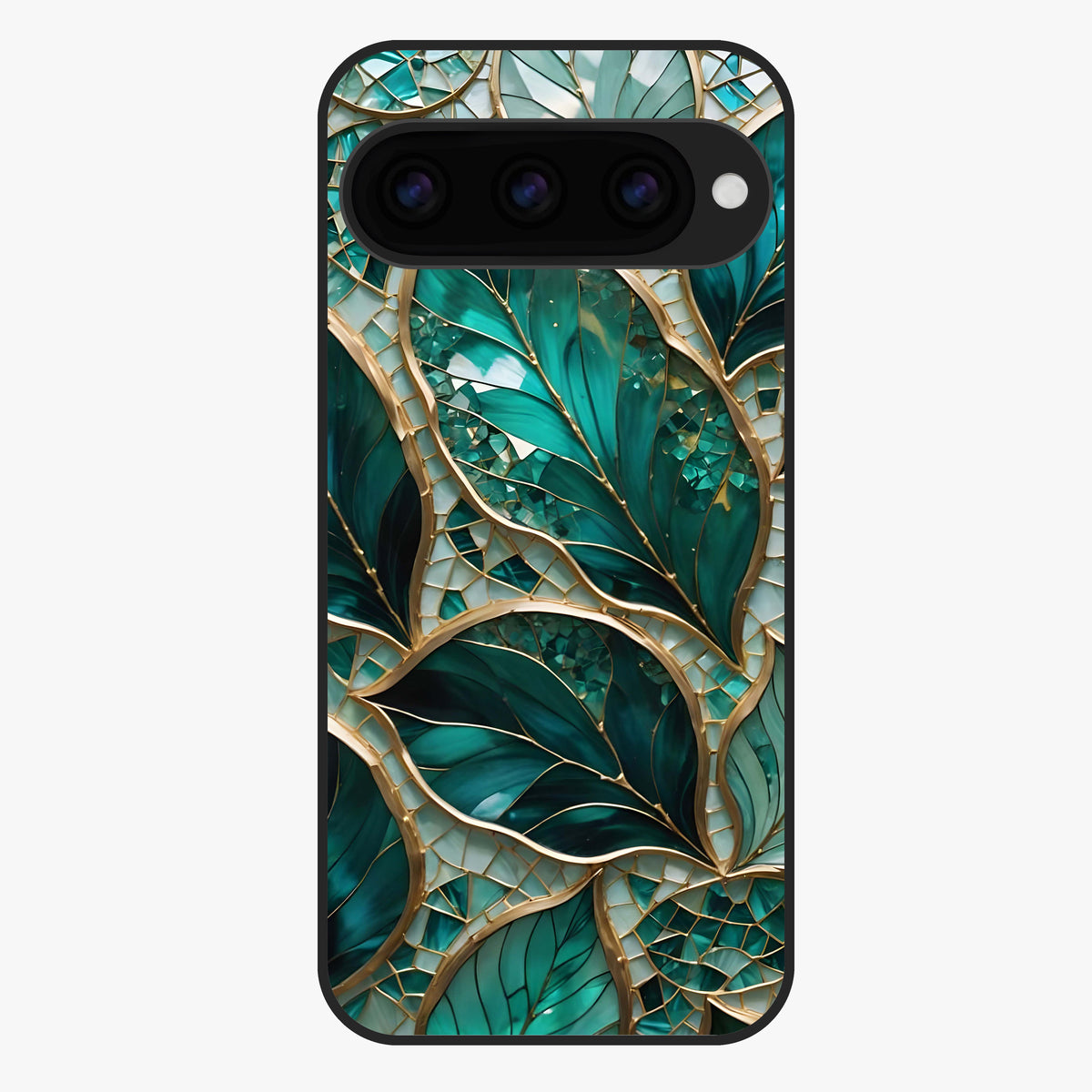 Emerald Leaf Glass Glass Case showing flat back view with emerald green leaf artwork and glossy glass finish.