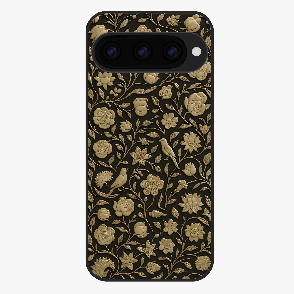 Golden Floral Majesty Glass Case showing flat back view with luxurious golden floral artwork and glossy glass finish.