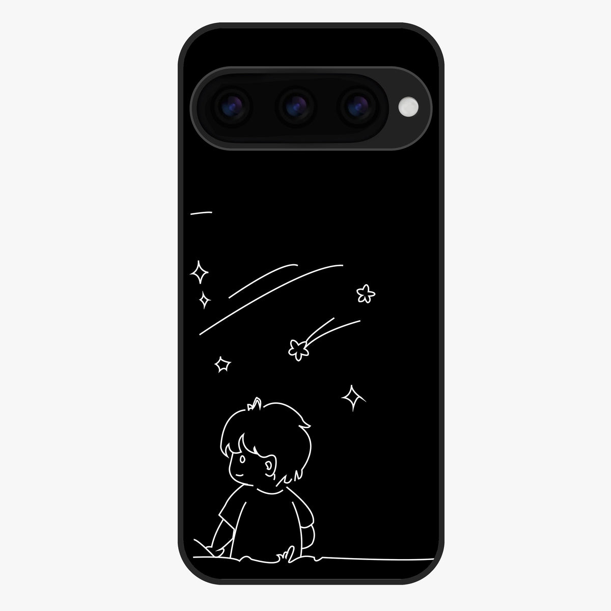 Line Art Boy With Shooting Stars Glass Case showing flat back view with minimal line art boy and shooting stars illustration and glossy glass finish.